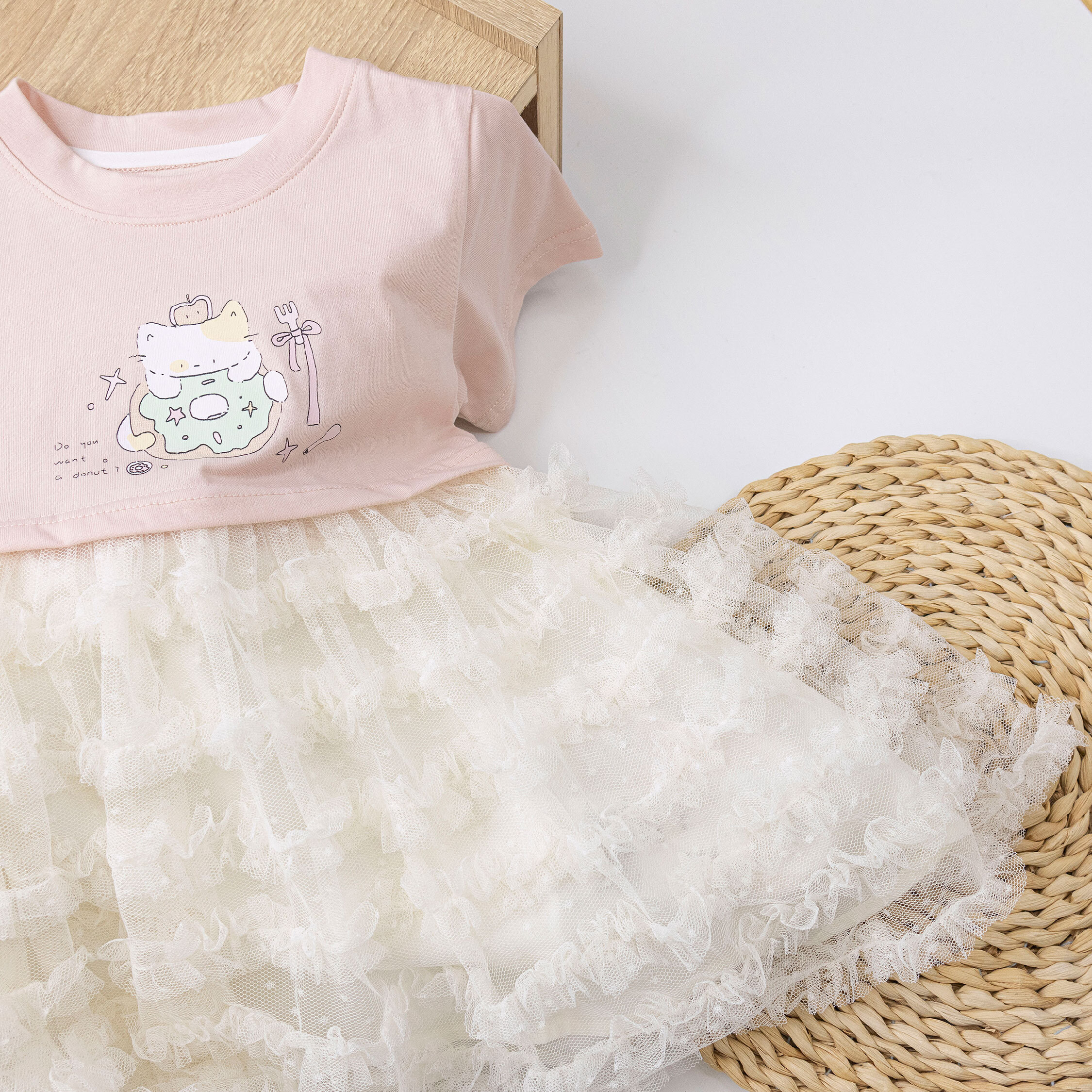 【H50265】貓貓甜甜圈網紗假兩件洋裝