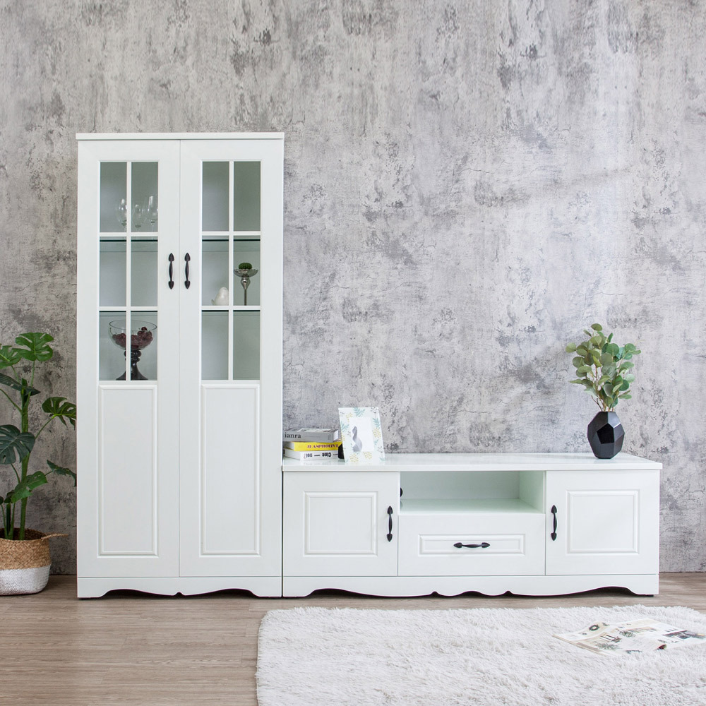 南亞塑鋼-鄉村歐風7.7尺格子窗L型電視櫃組合(2.7尺展示櫃+5尺電視長櫃)