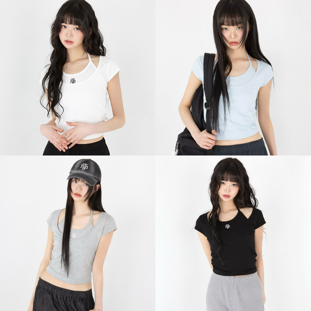 韓國muahmuah授權 純慾甜心繞脖綁帶假兩件式上衣