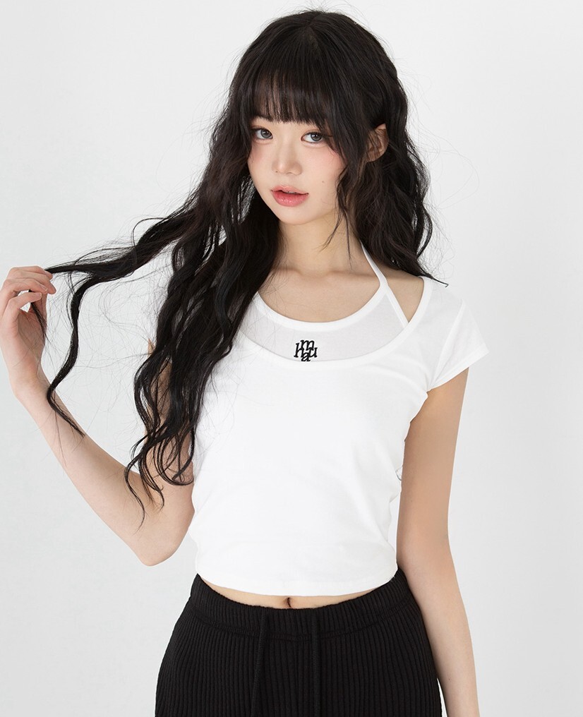 韓國muahmuah授權 純慾甜心繞脖綁帶假兩件式上衣