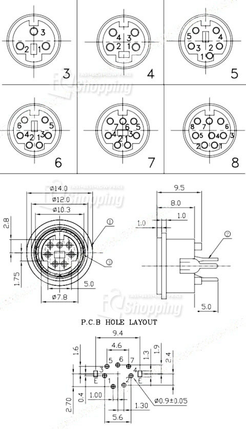 8P迷你DIN延長座,尺寸規格