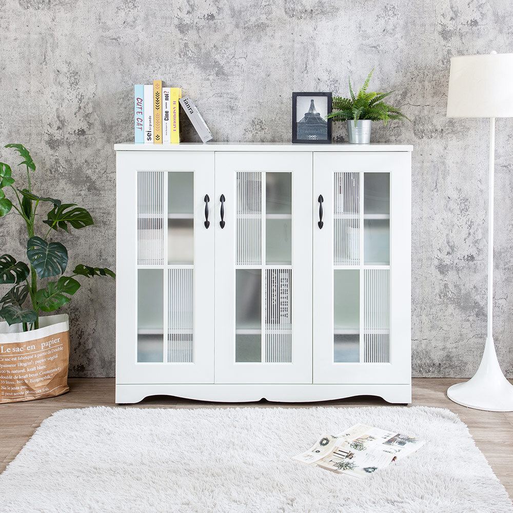 南亞塑鋼-鄉村歐風4.1尺三開門格子窗收納櫃/展示書櫃/置物矮櫃