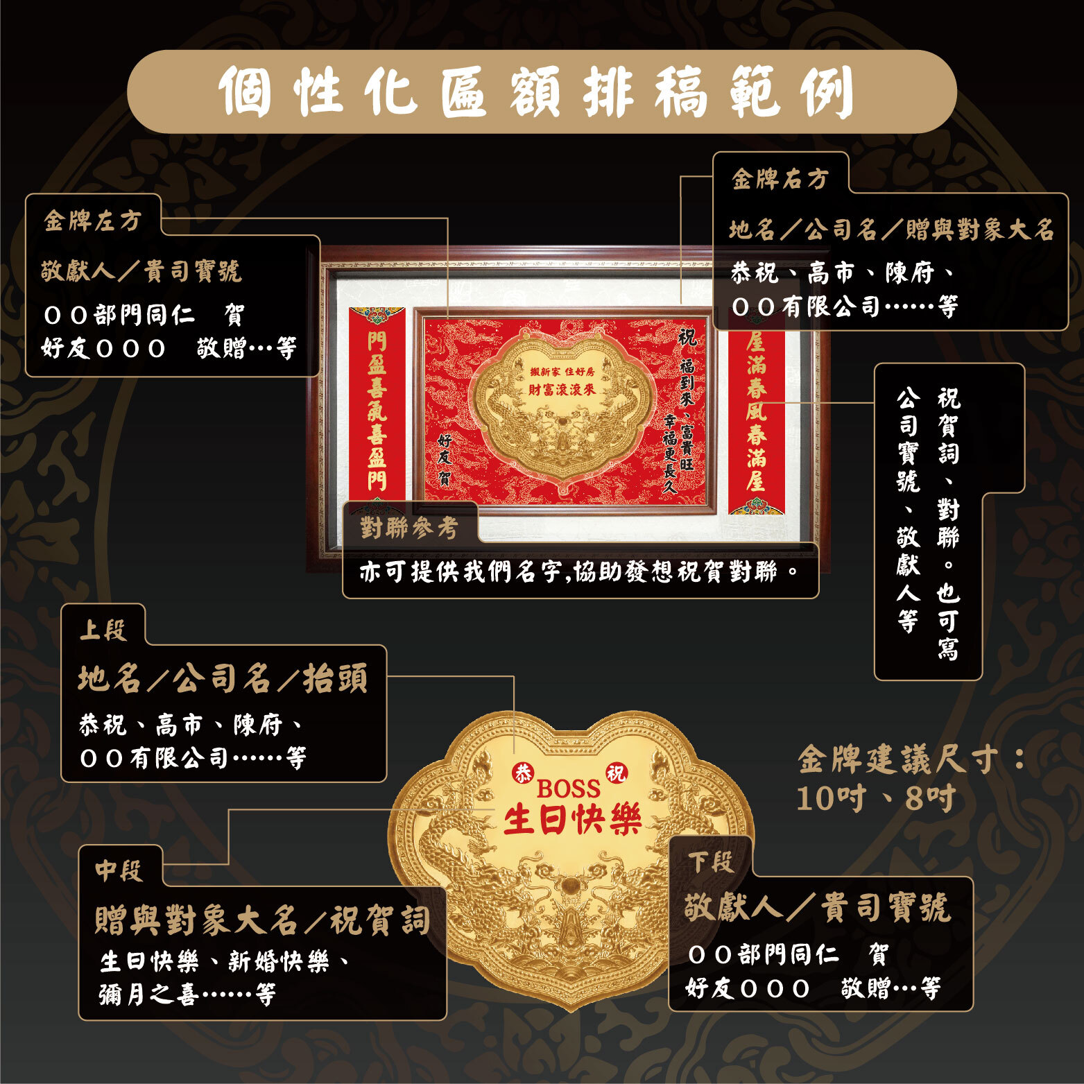 個性化金牌 x 任意客製背景 x 中匾額｜生日、新居、開業、新婚、榮升祝賀送禮