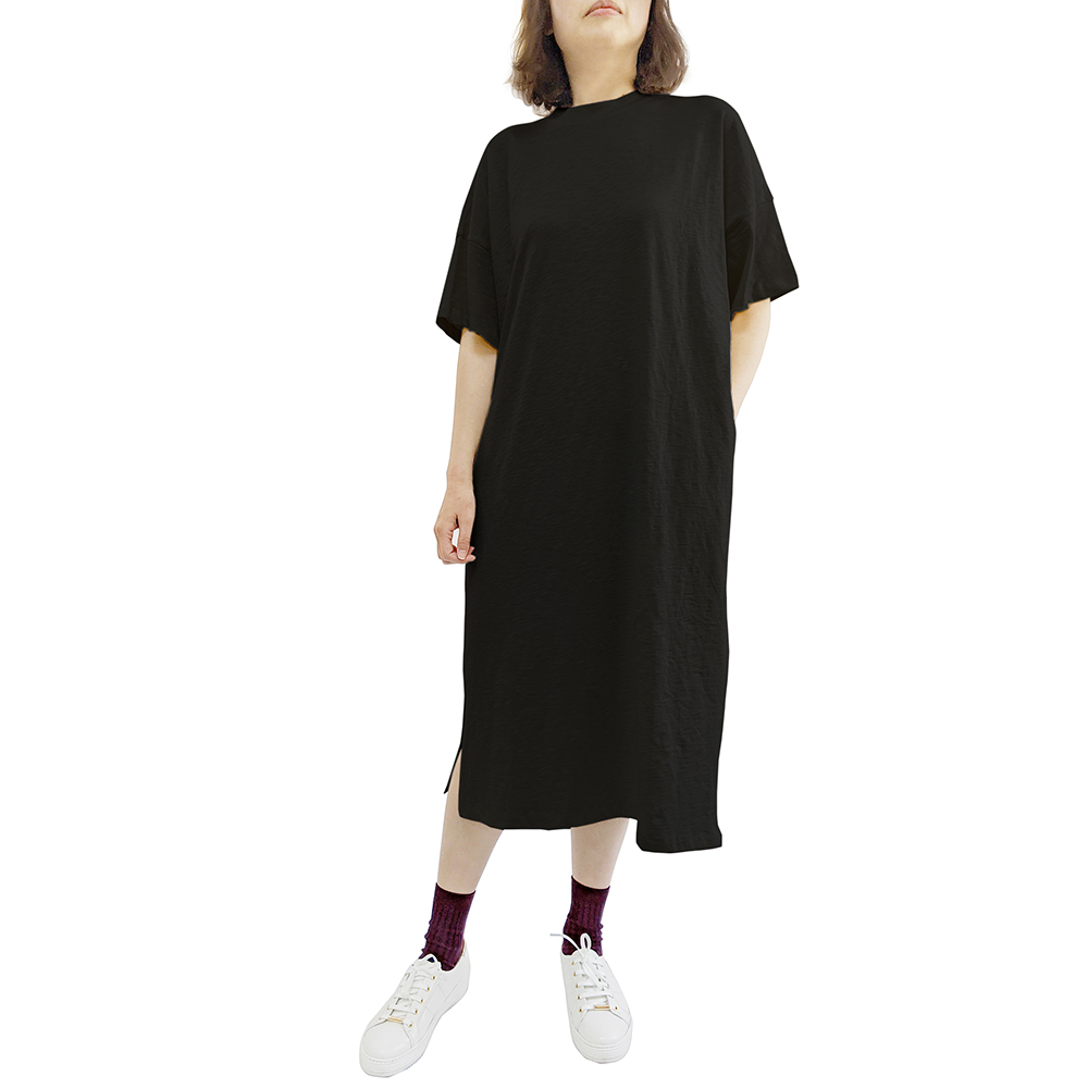 有機埃及棉女BD竹節短袖長洋裝-黑色F | 藍天畫布有機棉