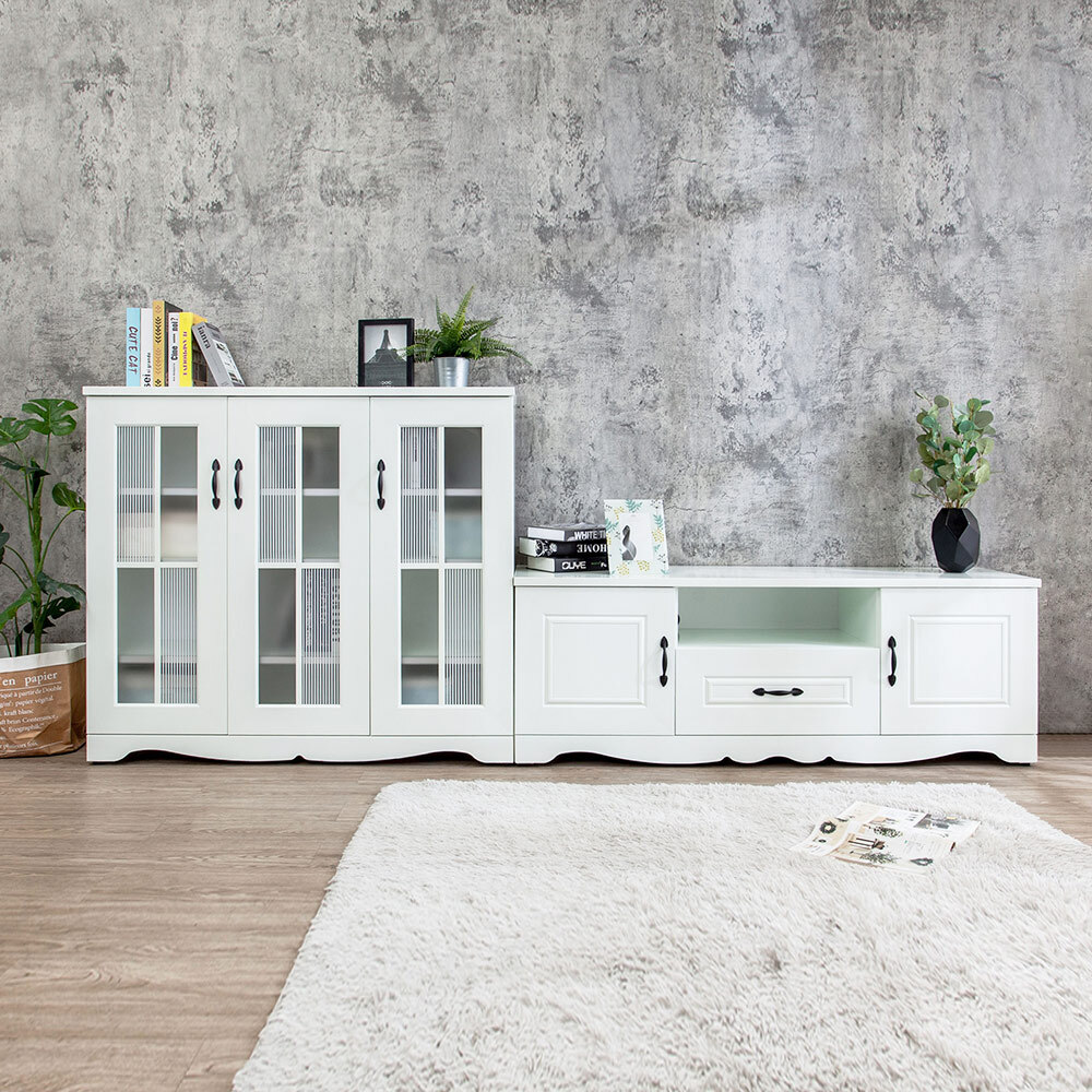 南亞塑鋼-鄉村歐風9.1尺格子窗L型電視櫃組合(4.1尺展示矮櫃+5尺電視長櫃)