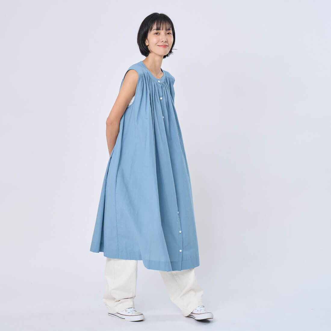 Birdie無袖長版襯衫棉麻洋裝/霧藍