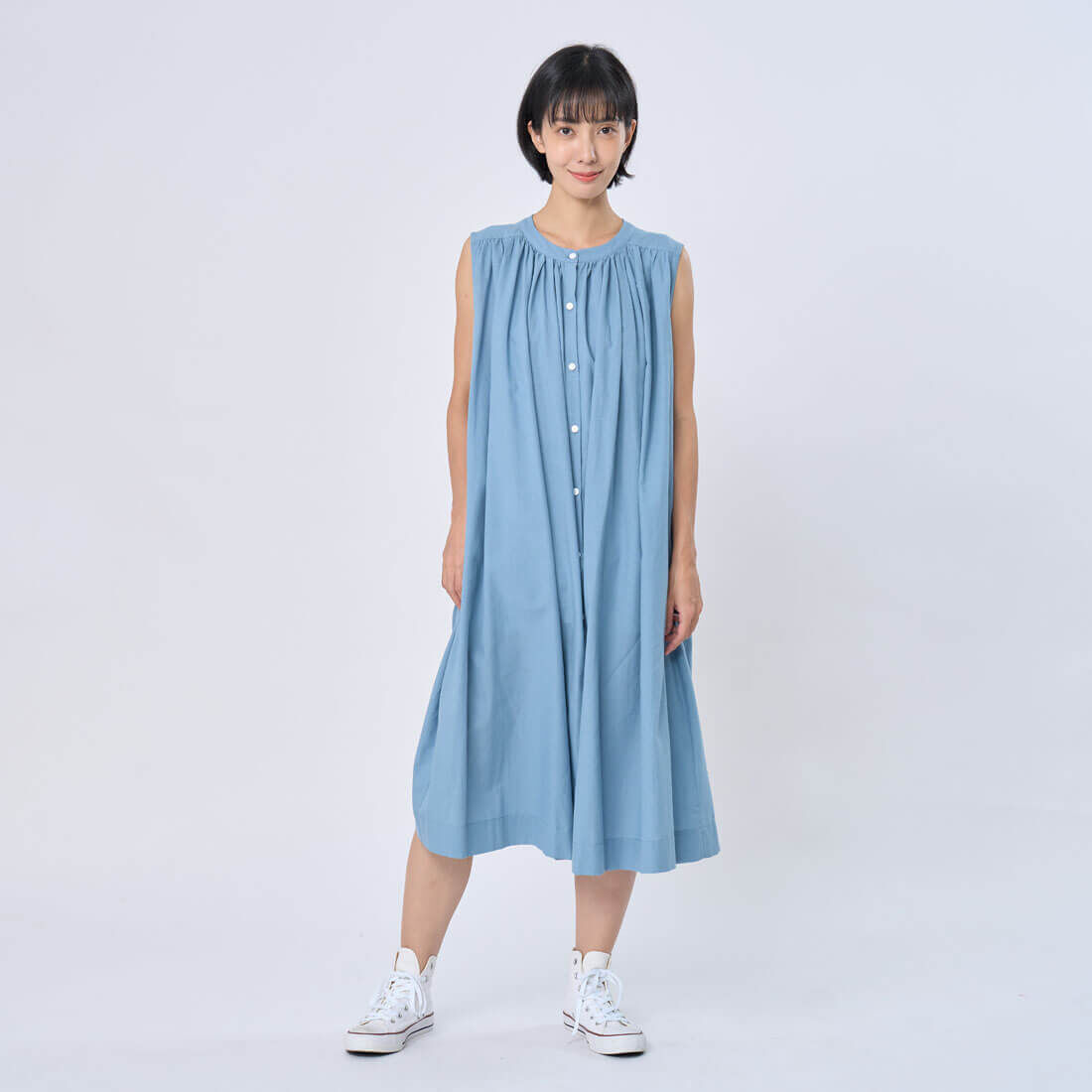 Birdie無袖長版襯衫棉麻洋裝/霧藍