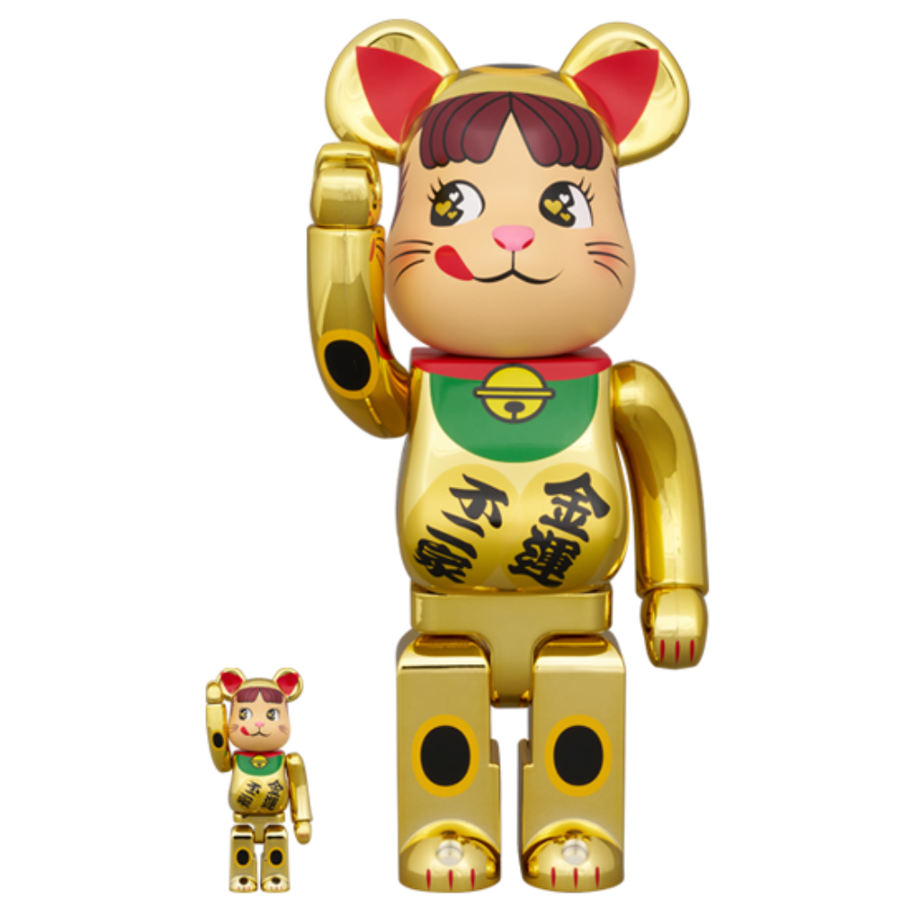 招き猫 招財貓 ペコちゃん 牛奶妹 金運 ダブル小判 金メッキ 100％ & 400％ BE@RBRICK