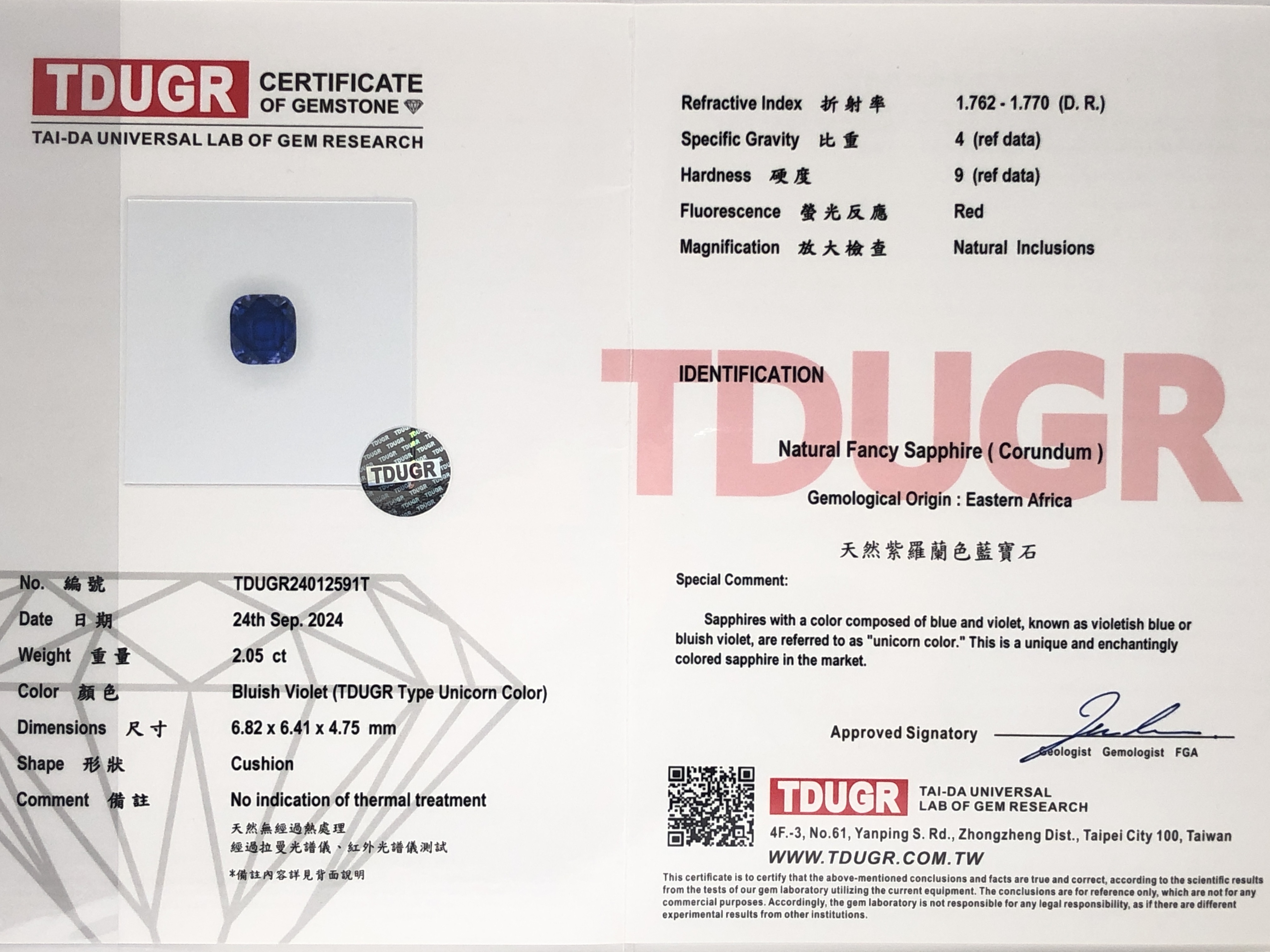 【坦桑尼亞．通杜魯"tunduru"礦區．精品變色藍寶石2.05ct(附TDUGR台大證書)】