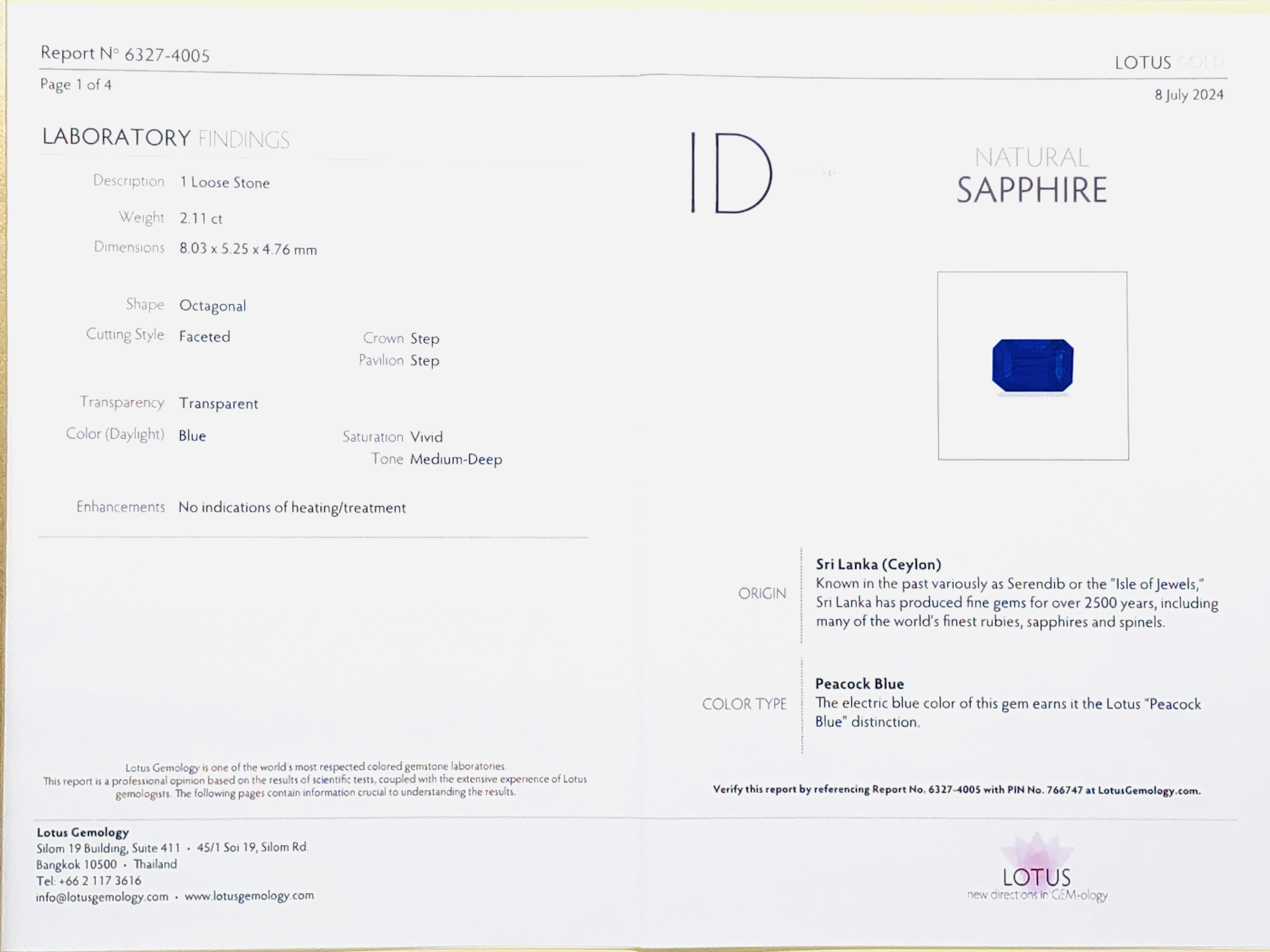 【極度珍稀！孔雀藍寶石"Peacock blue"．"無燒"藍寶石2.11ct(附LOTUS蓮花金證)】