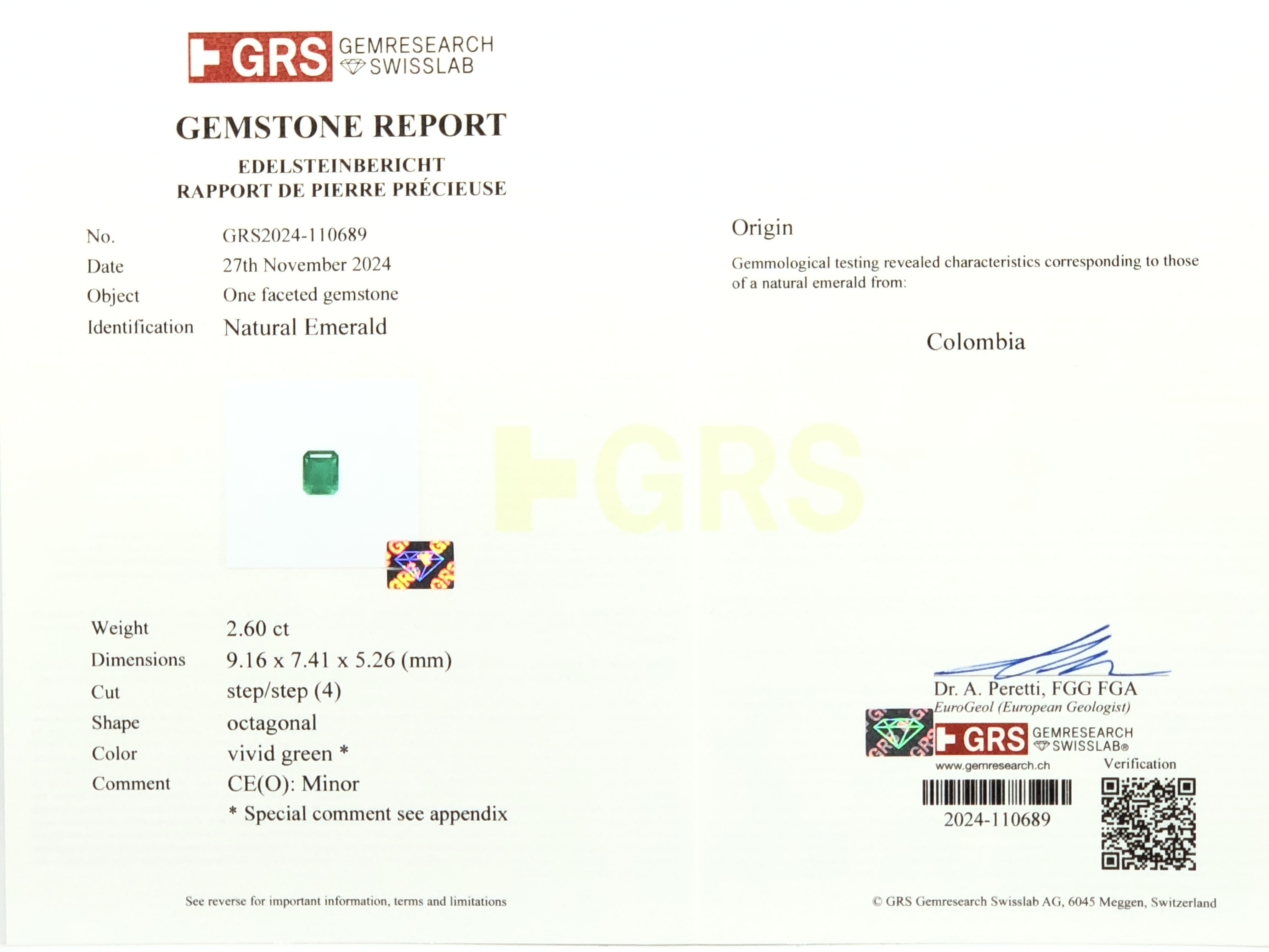 【GRS色階評級．木佐綠．哥倫比亞祖母綠2.60克拉(附上GRS國際證書/含附錄頁)】