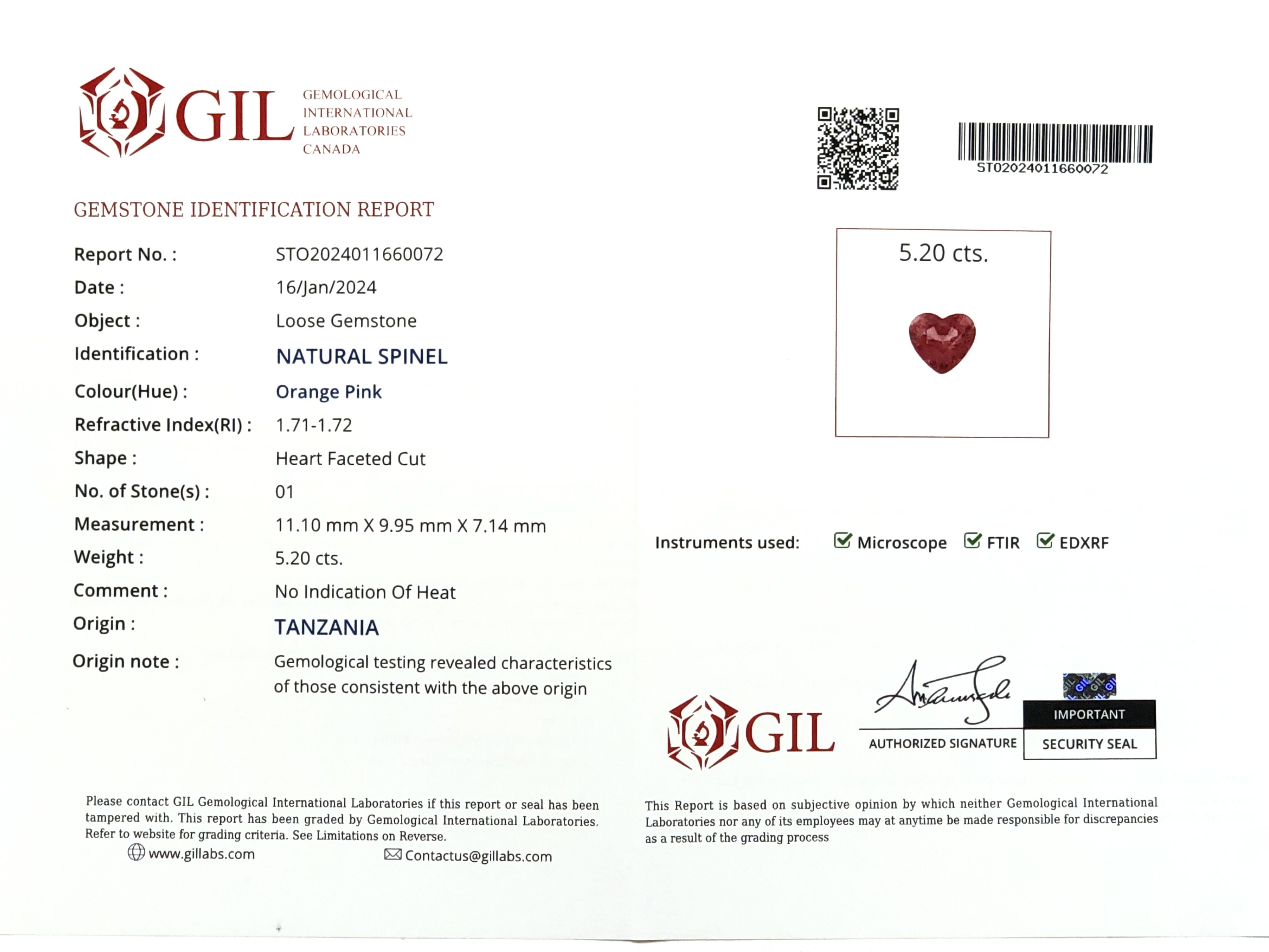 【大顆精品．粉橙蓮花色．緬甸天然尖晶石5.20ct(附GIL國際證書)】