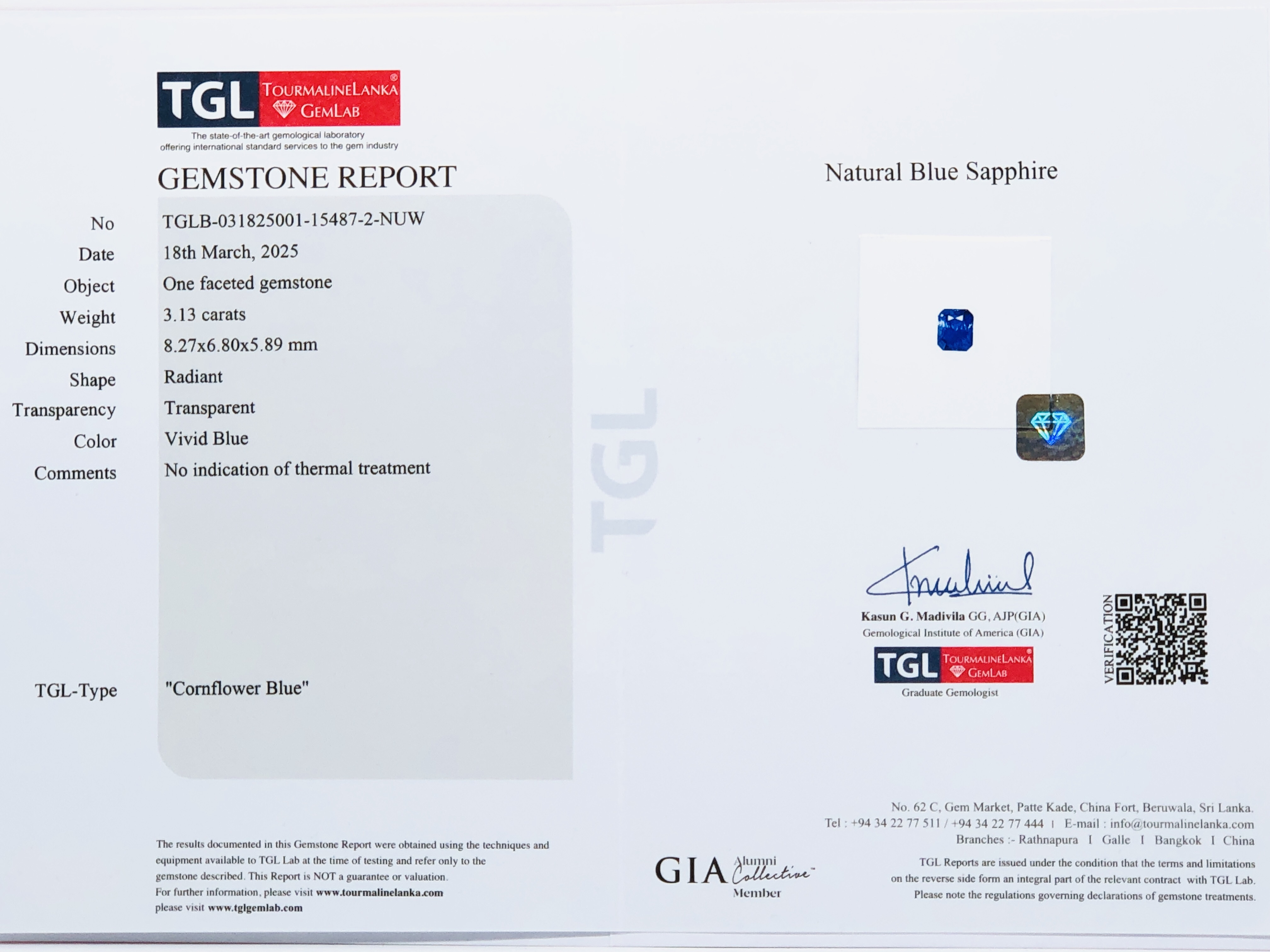 【極致珍品．無燒"Unheat"．矢車菊藍藍寶石3.13ct(附TGL證書)】