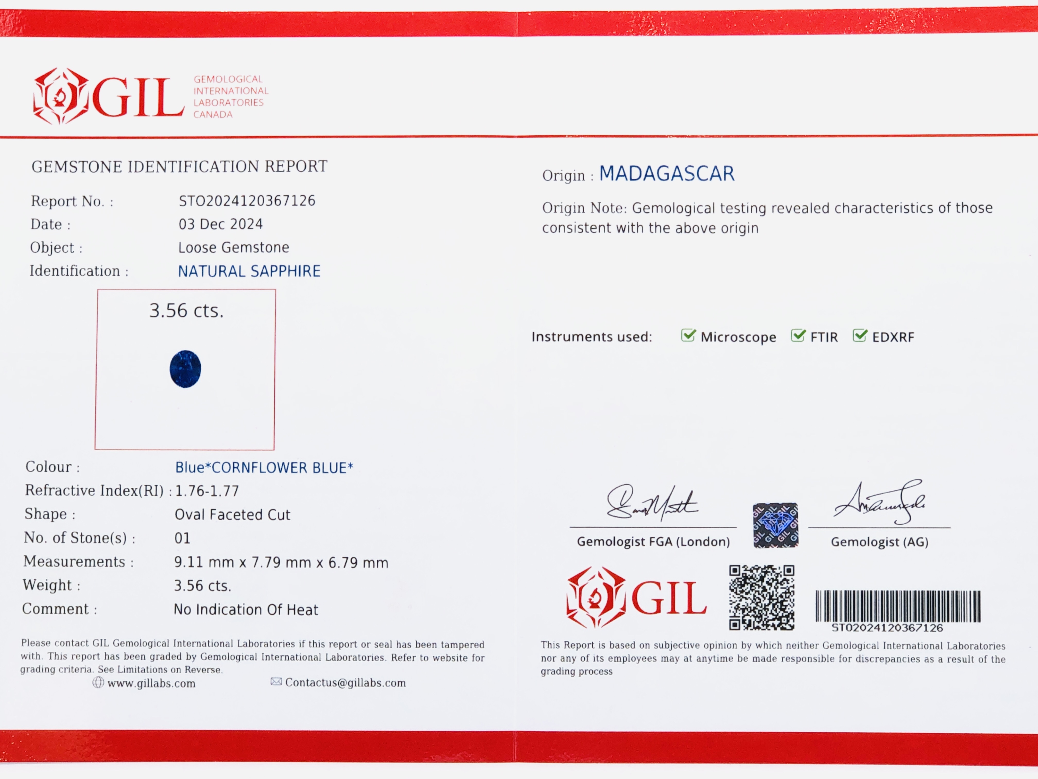 【精品馬達加斯加．無燒"Unheat"．矢車菊藍藍寶石3.56ct(附GIL證書)】
