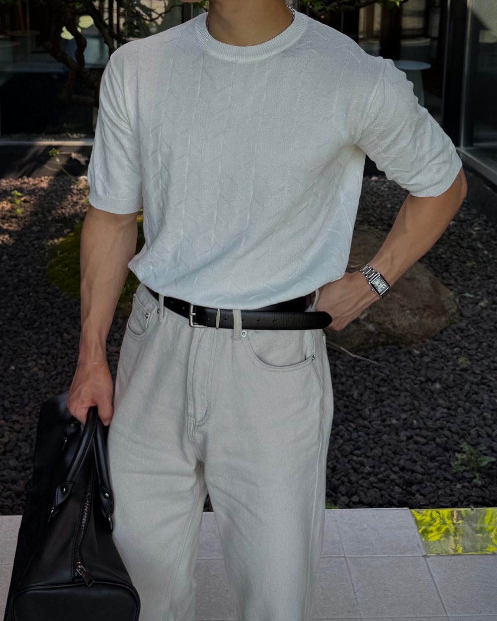 亞麻肌肉提花短袖針織衫