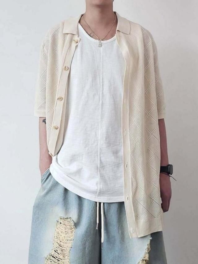 淨色暗紋短袖線恤衫 F&c-078JK