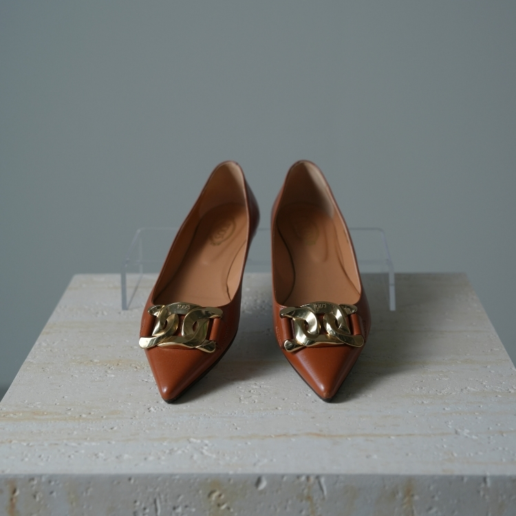 TOD'S  咖啡色麻花釦平底鞋 37號