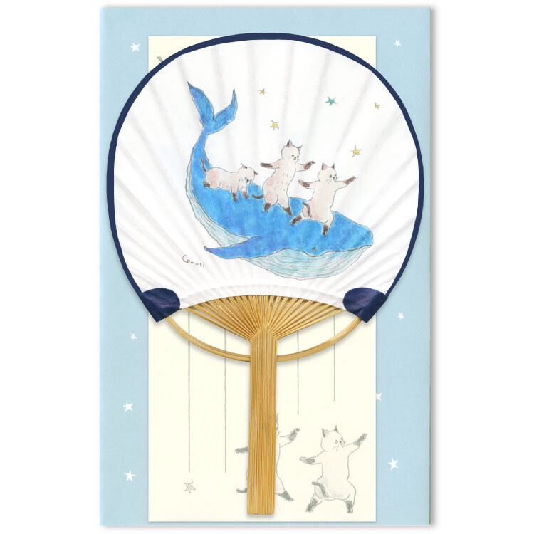 貓咪與鯨魚 竹扇子造型卡片組｜日本ACTIVE CORPORATION