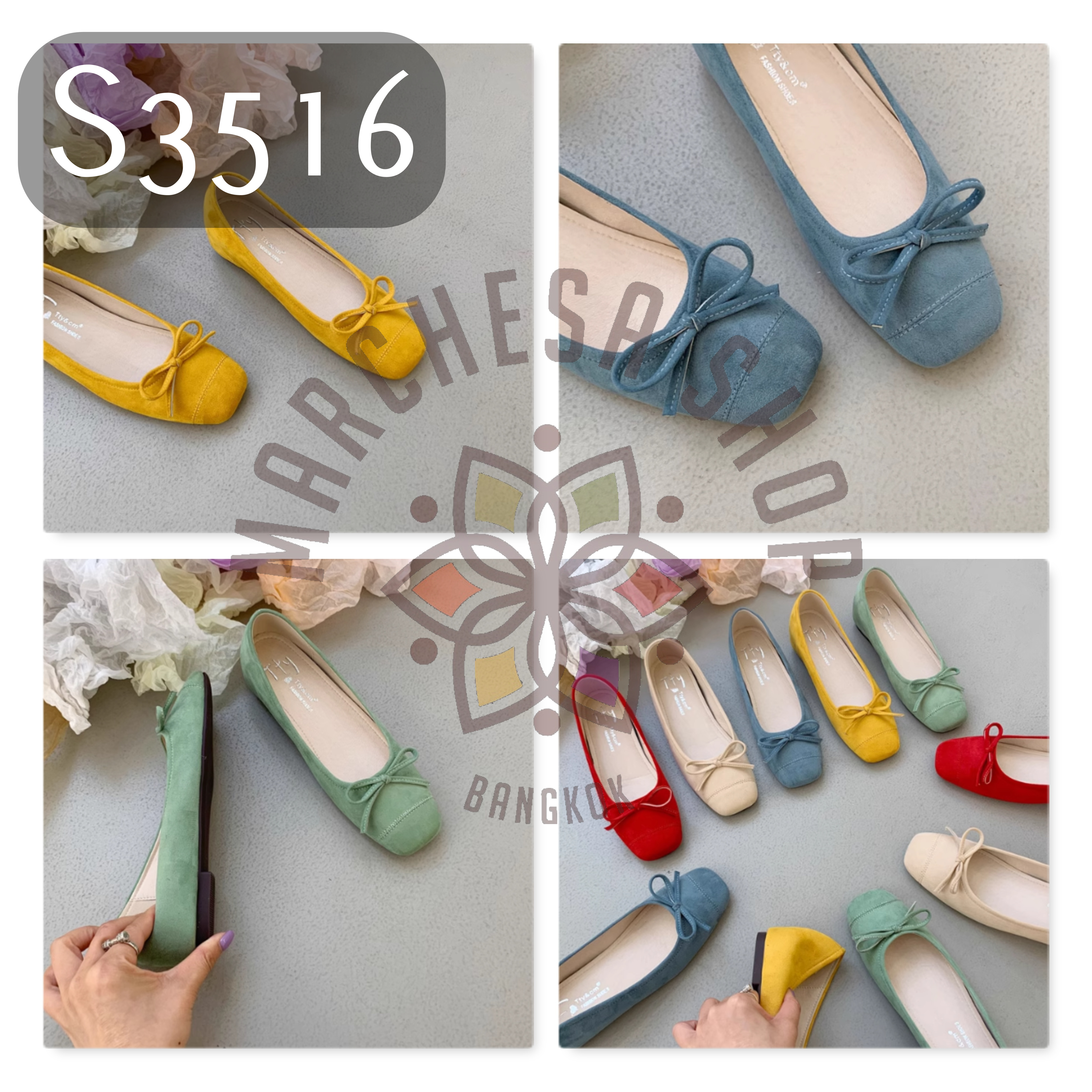 S3516 - 羊猄皮車綫蝴蝶結方頭平底鞋