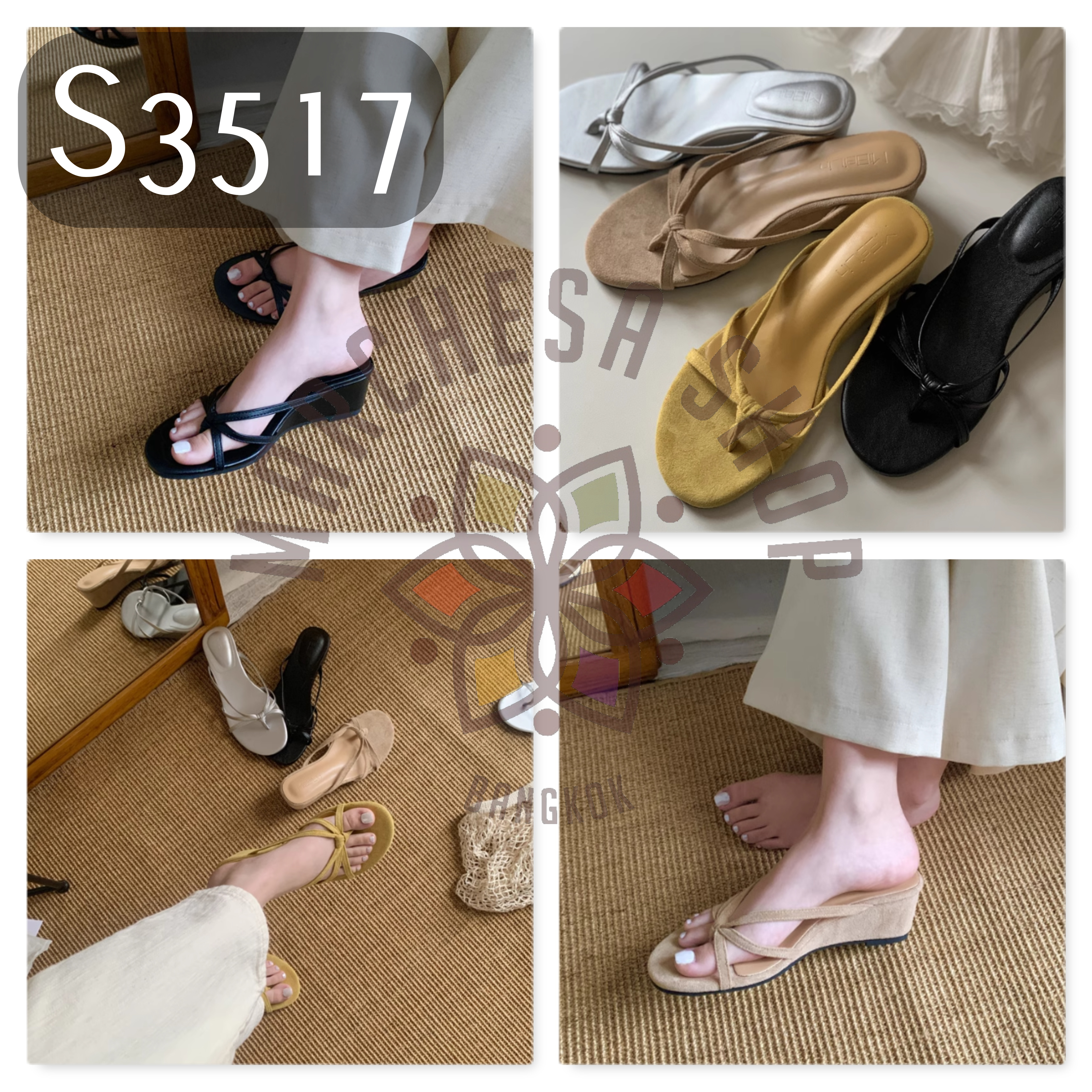 S3517 - 牛皮幼帶綁結套趾船踭高踭涼鞋
