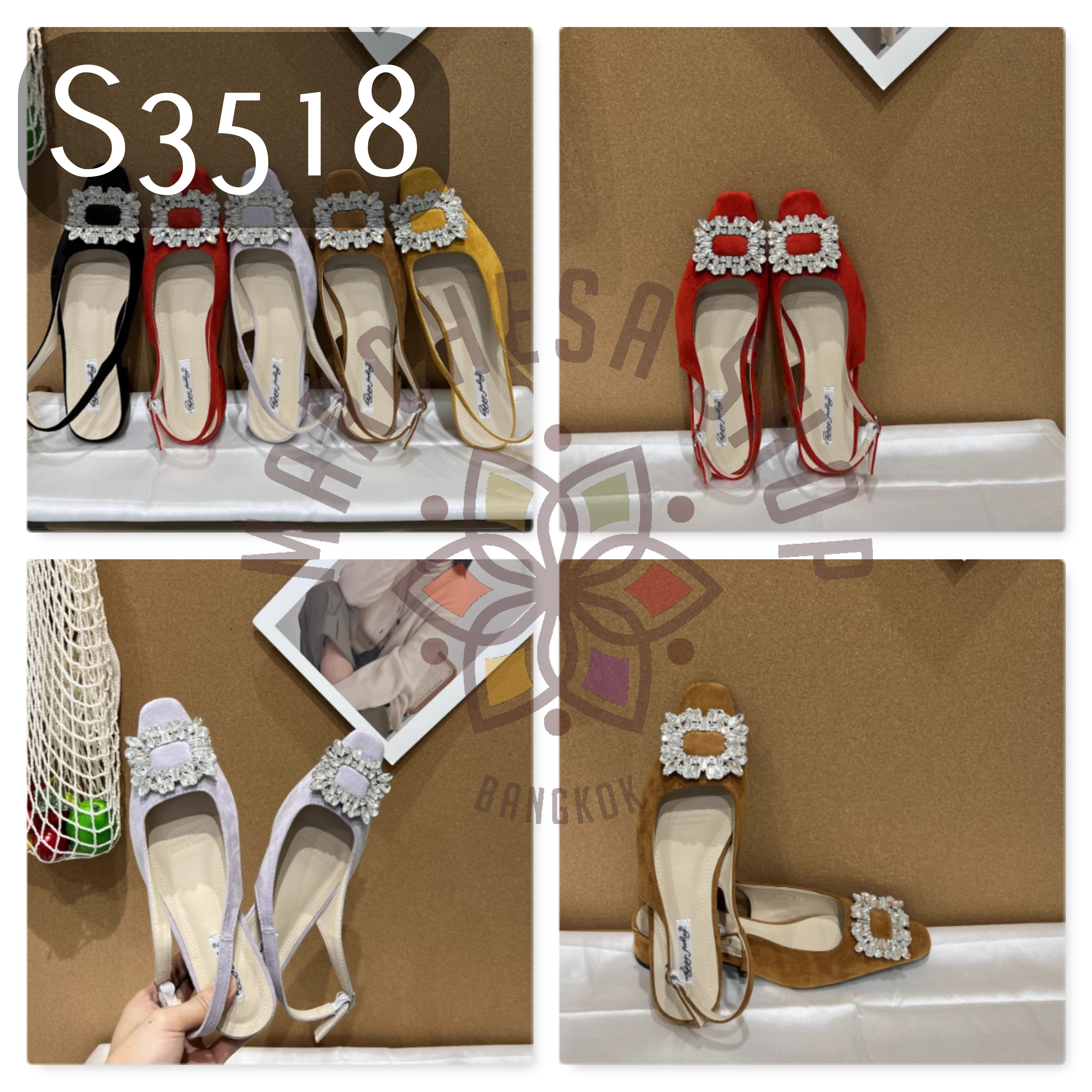 S3518 - 羊猄皮方扣閃鑽扣帶低踭涼鞋
