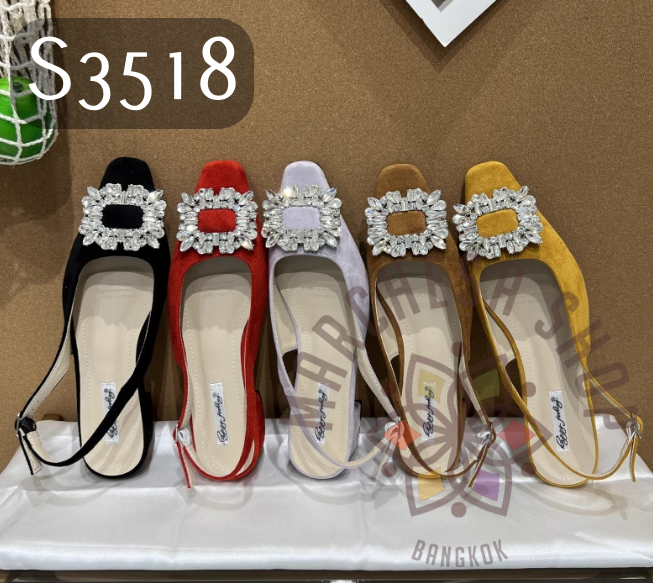 S3518 - 羊猄皮方扣閃鑽扣帶低踭涼鞋