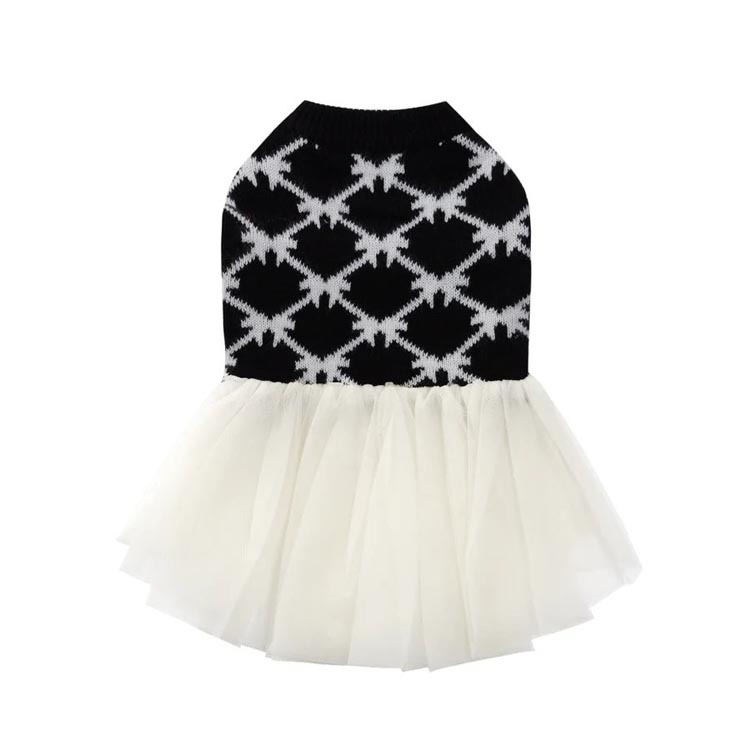 Over Glam - 蝴蝶結圖案毛衣紗裙 - 黑/白