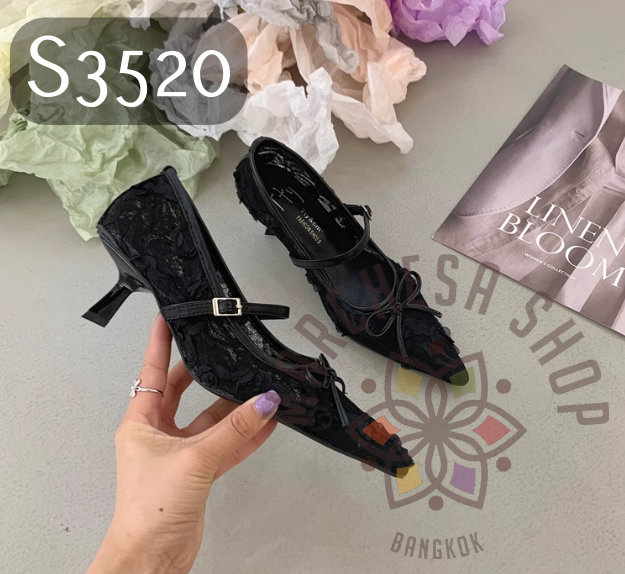 S3520 - 牛皮網紗蕾絲尖頭低踭鞋