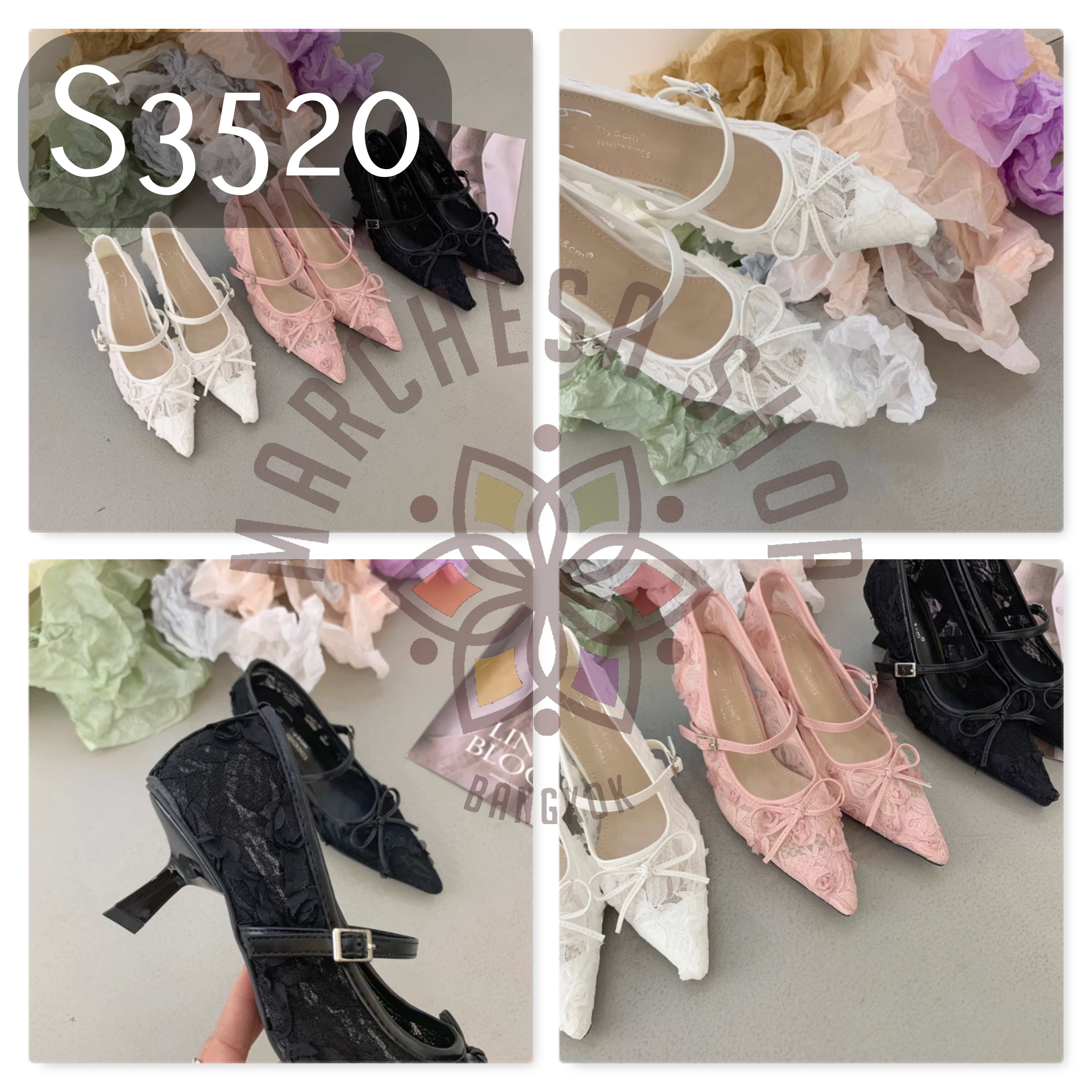 S3520 - 牛皮網紗蕾絲尖頭低踭鞋