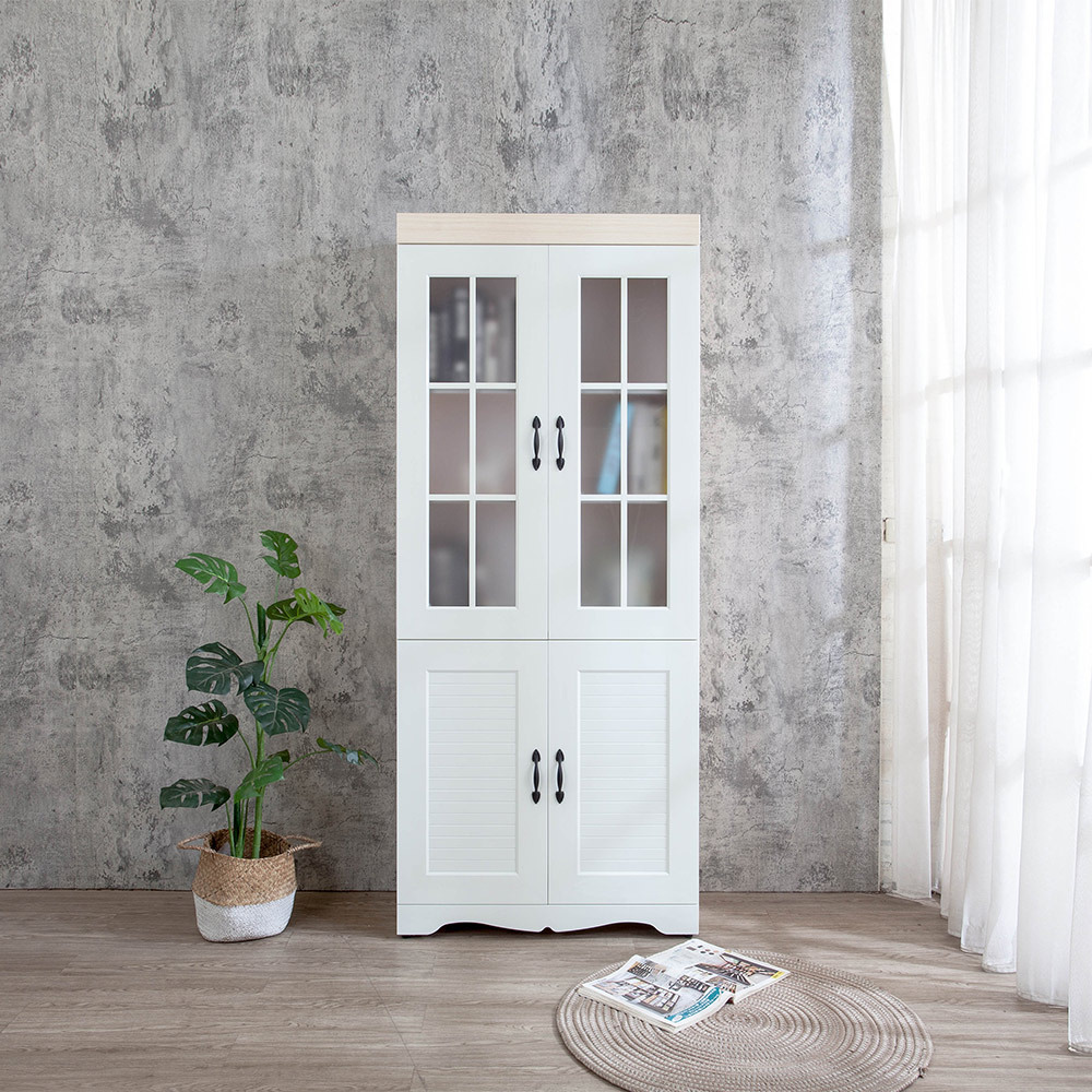 南亞塑鋼-鄉村歐風2.7尺四開門格子窗線板造型書櫃/展示櫃/收納置物櫃