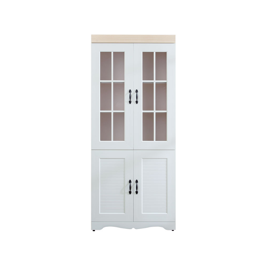 南亞塑鋼-鄉村歐風2.7尺四開門格子窗線板造型書櫃/展示櫃/收納置物櫃