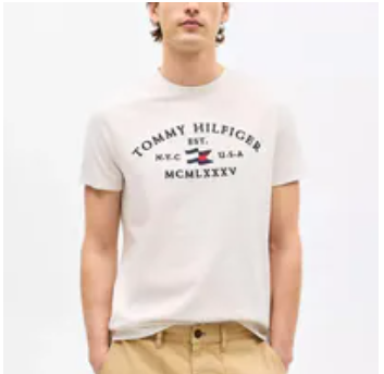 [S] TOMMY HILFIGER BEIGE HEATHER HILFIGER FLAG LOGO T-SHIRT, XM03815-201 (STH1258)