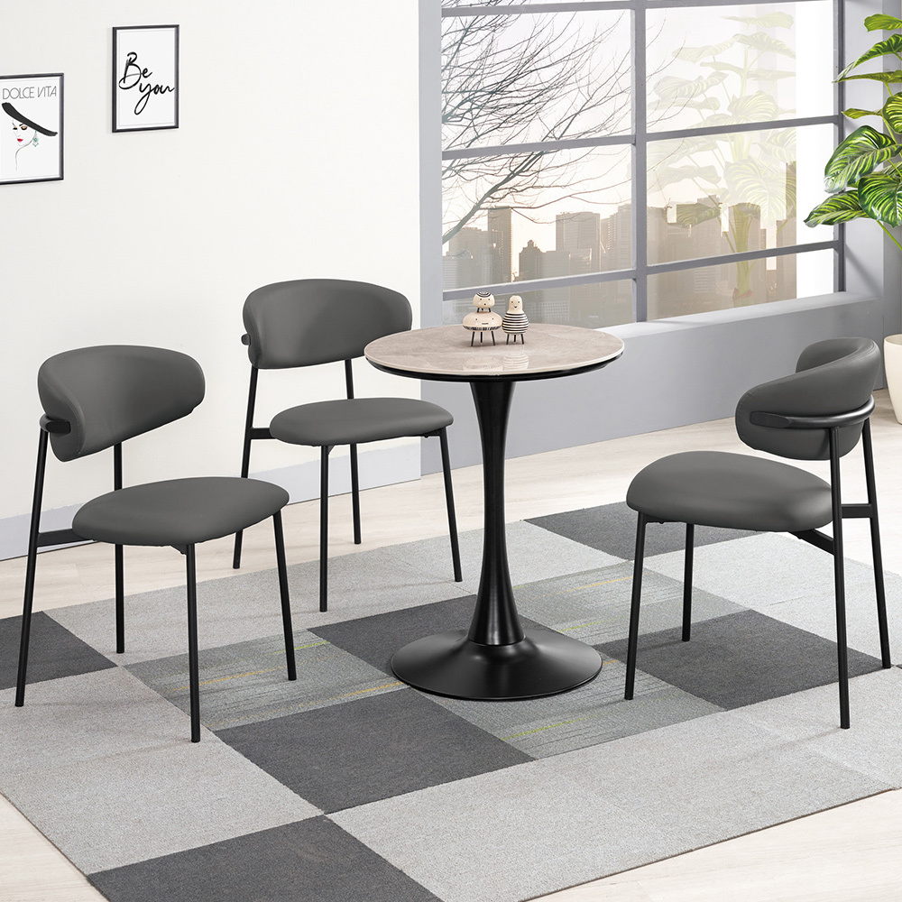 森比2尺工業風岩板圓型餐桌椅組合/洽談桌椅組合(一桌二椅)