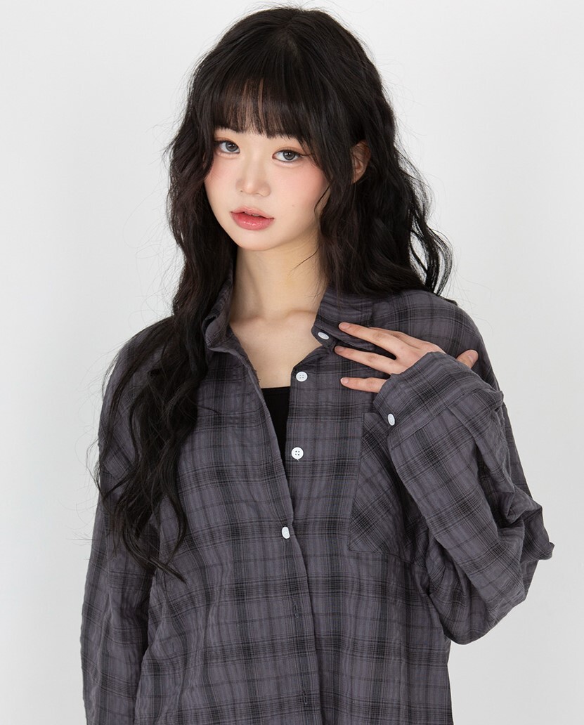 韓國muahmuah授權 百搭黑白灰色系寬鬆格紋襯衫