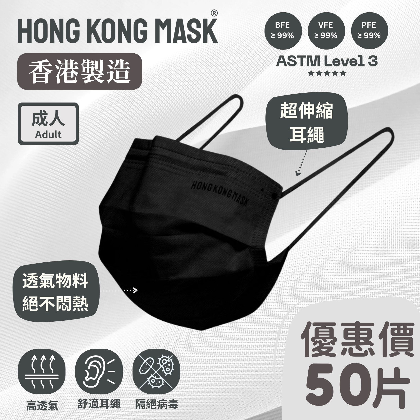 成人口罩 (50片裝) - 黑色【香港製造】