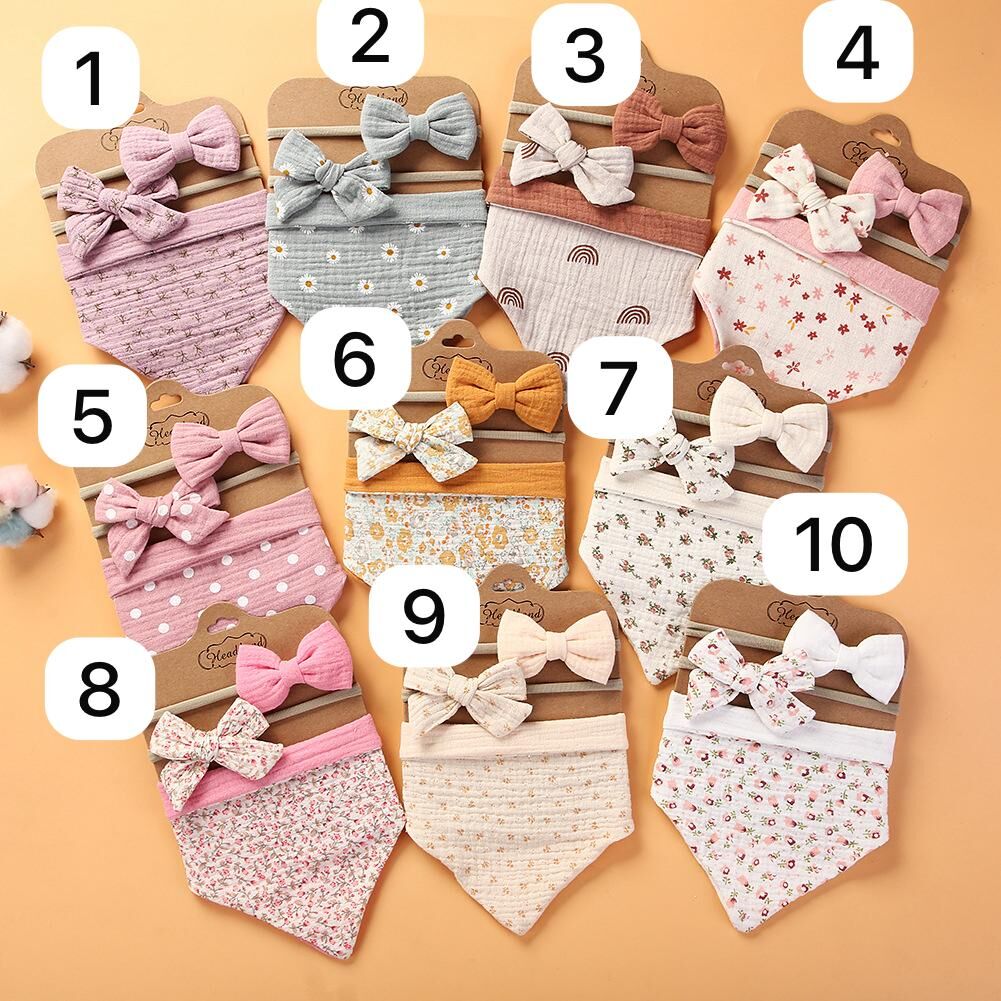 廠單 亞麻棉純色印花口水巾頭帶套裝