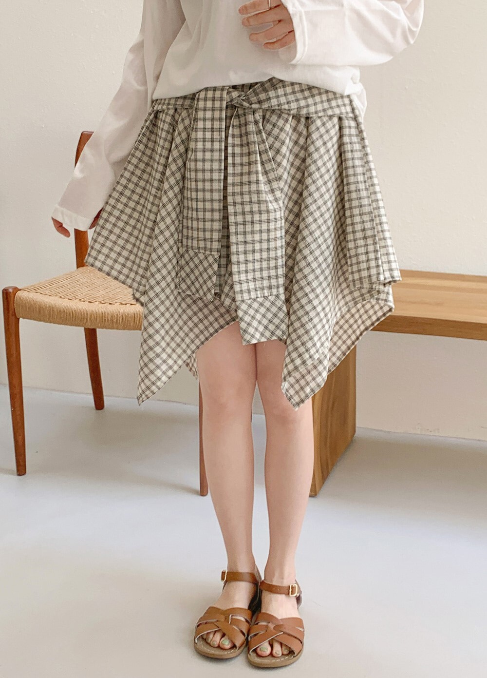 韓國grace muse授權 時尚不規則假兩件格紋襯衫短裙