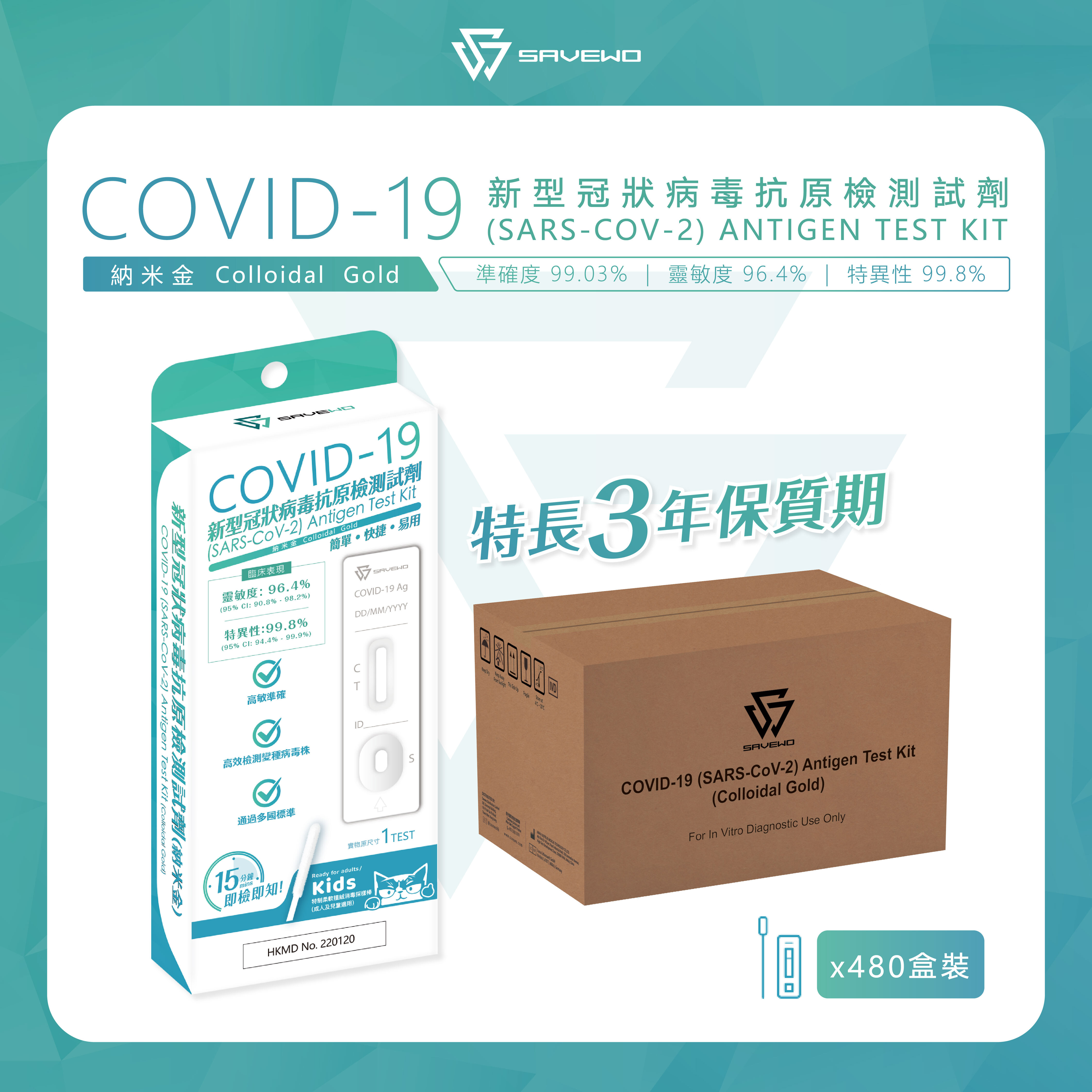 *480支裝, 平均 $5/盒* SAVEWO COVID-19 (SARS-COV-2) ANTIGEN TEST KIT 新型冠狀病毒抗原測試劑