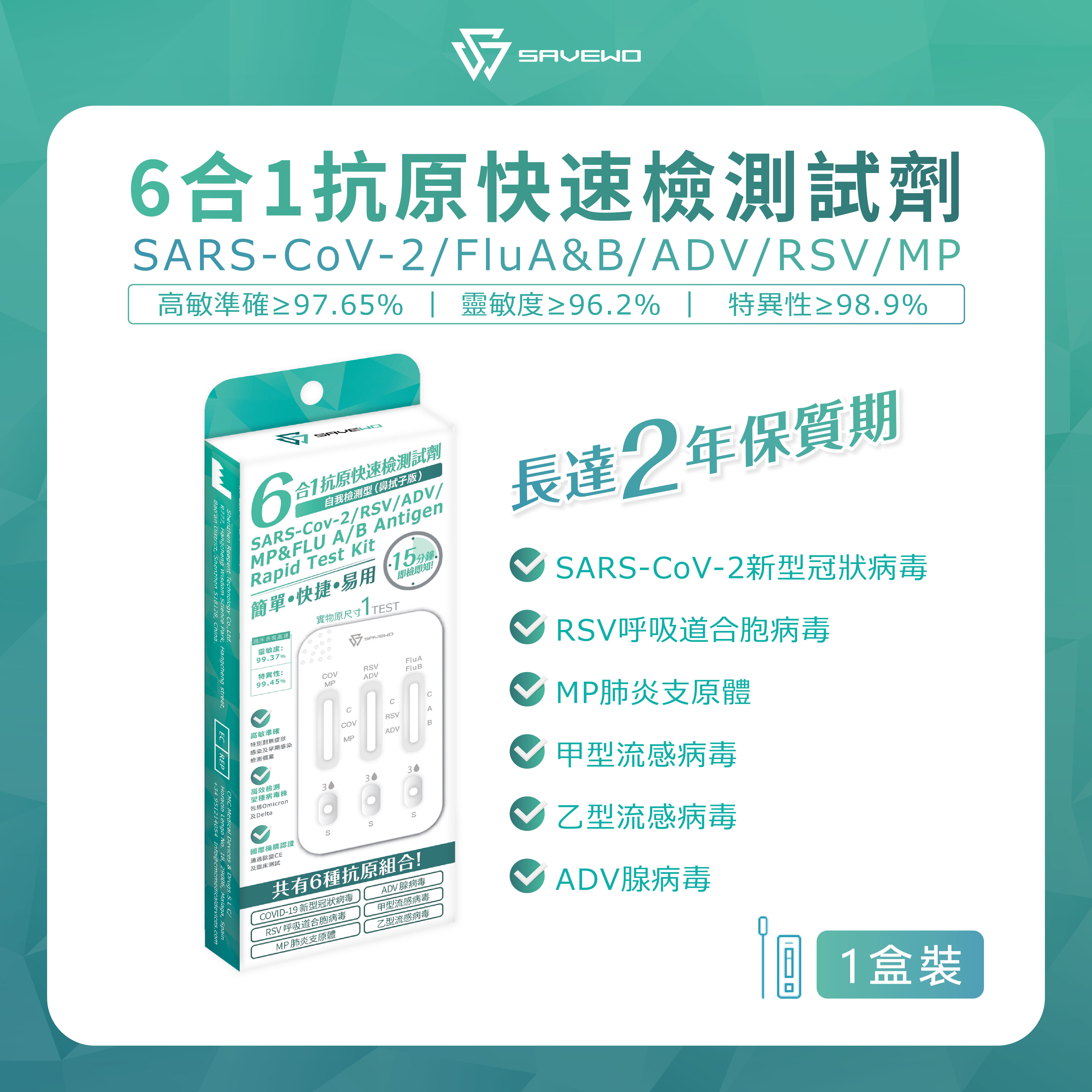*1支裝* SAVEWO 六合一抗原快速檢測試劑  (新型冠狀病毒 Covid-19 / 呼吸道合胞病毒 RSV / 甲型流感 Flu A / ⼄型流感 Flu B / 腺病毒 ADV / 肺炎支原體 MP)