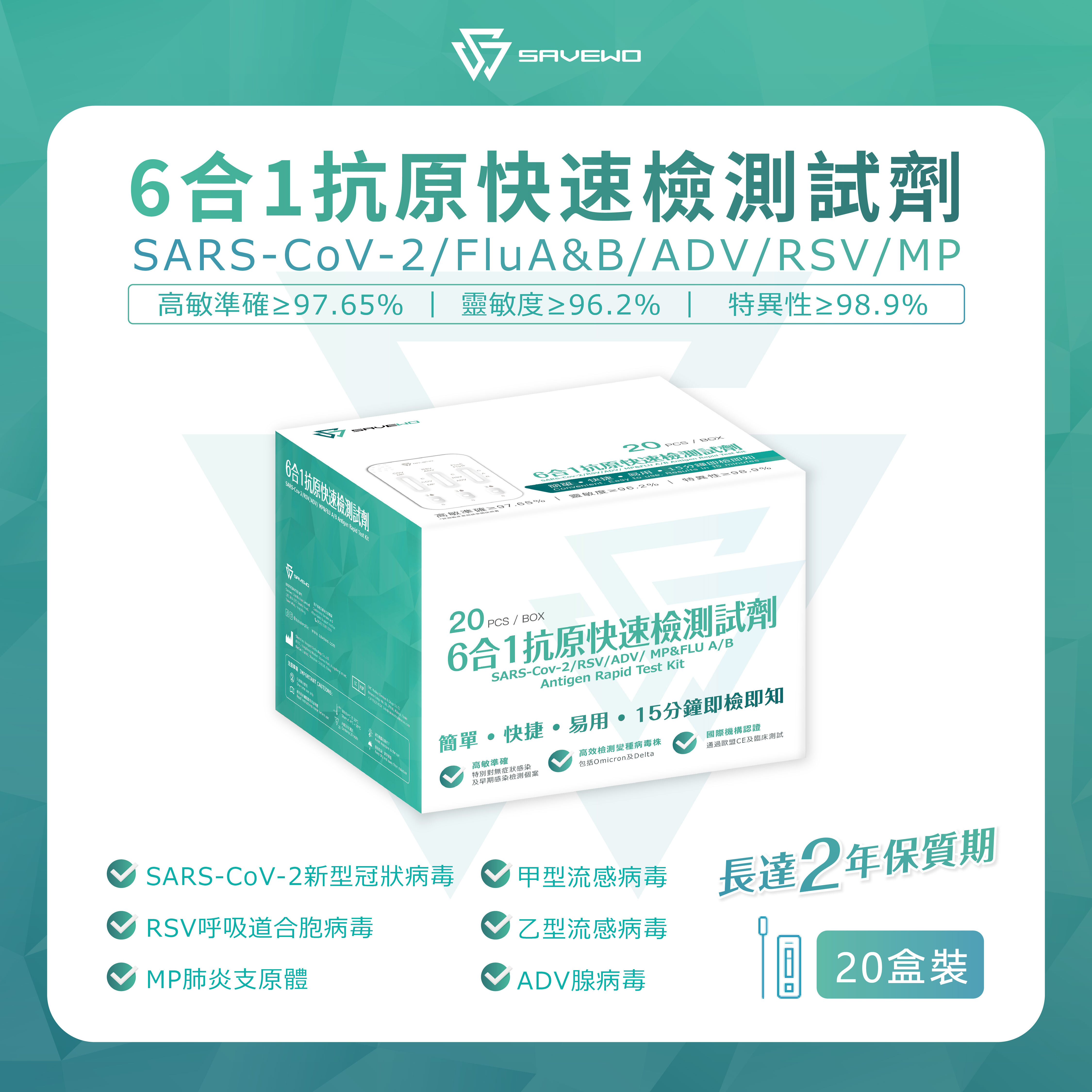 *20支裝* SAVEWO六合一抗原快速檢測試劑 (新型冠狀病毒 Covid-19 / 呼吸道合胞病毒 RSV / 甲型流感 Flu A / ⼄型流感 Flu B / 腺病毒 ADV / 肺炎支原體 MP)