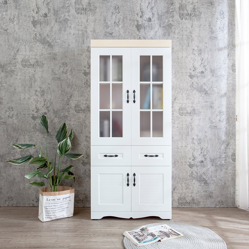 南亞塑鋼-鄉村歐風2.7尺四開門二抽格子窗線板造型書櫃/展示櫃/收納置物櫃