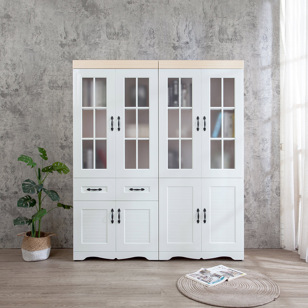 南亞塑鋼-鄉村歐風5.3尺格子窗線板造型書櫃/展示櫃/收納置物櫃組合