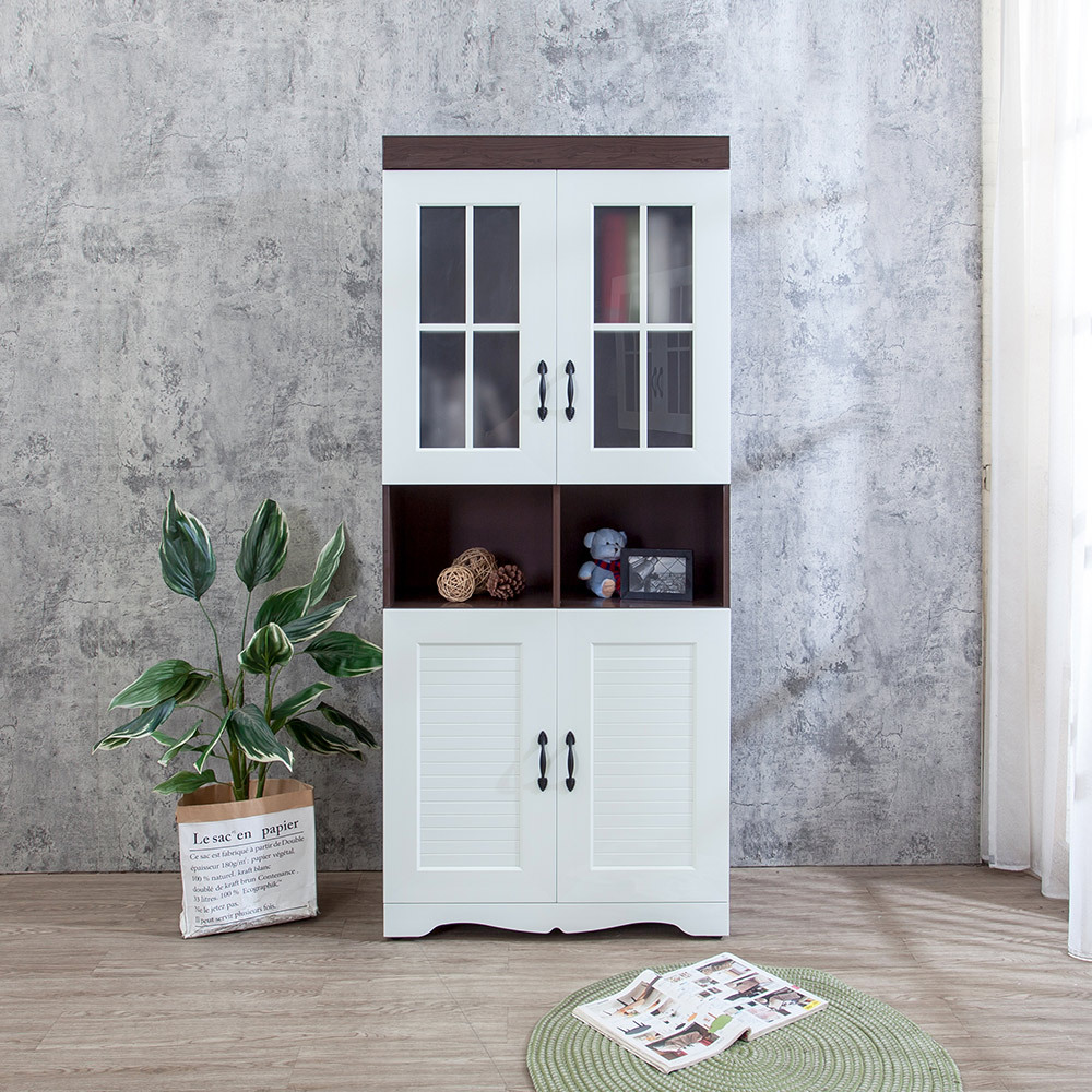 南亞塑鋼-鄉村歐風2.7尺四開門中開放格子窗線板造型書櫃/展示櫃/收納置物櫃