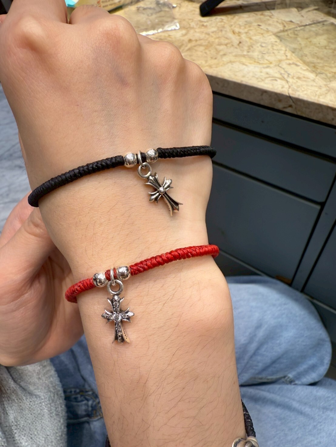 HM4369 925銀雙面十字架吊墜 蜜蠟繩手鍊(黑紅兩色)