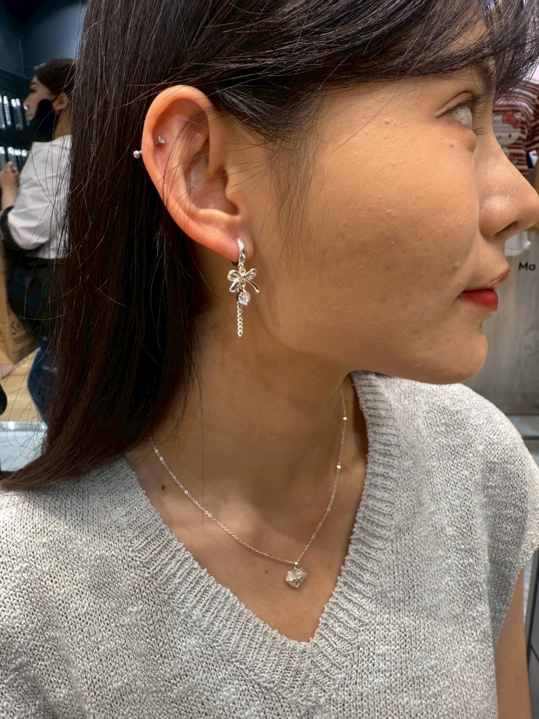 HM4339 925銀貝母蝴蝶結愛心➕單鑽鏈AB版耳扣