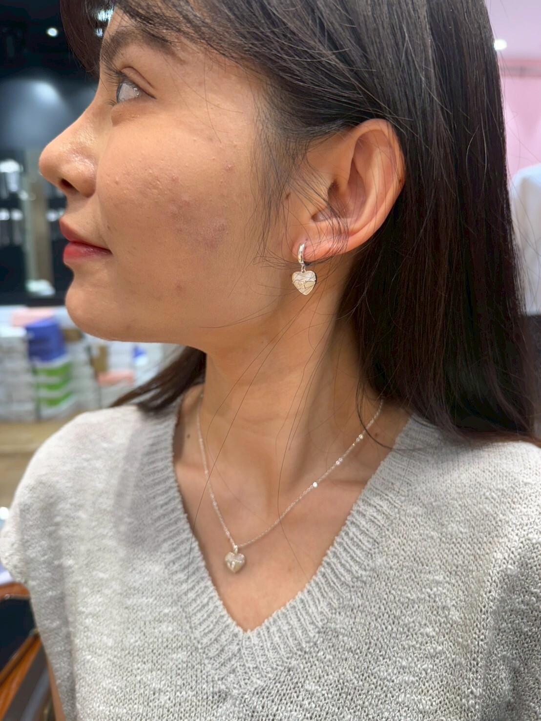 HM4339 925銀貝母蝴蝶結愛心➕單鑽鏈AB版耳扣