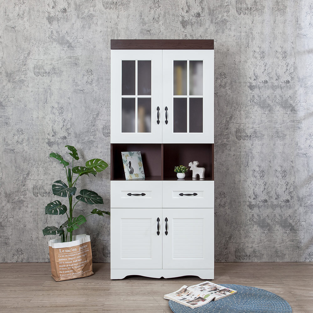 南亞塑鋼-鄉村歐風2.7尺四開門二抽中開放格子窗線板造型書櫃/展示櫃/收納置物櫃