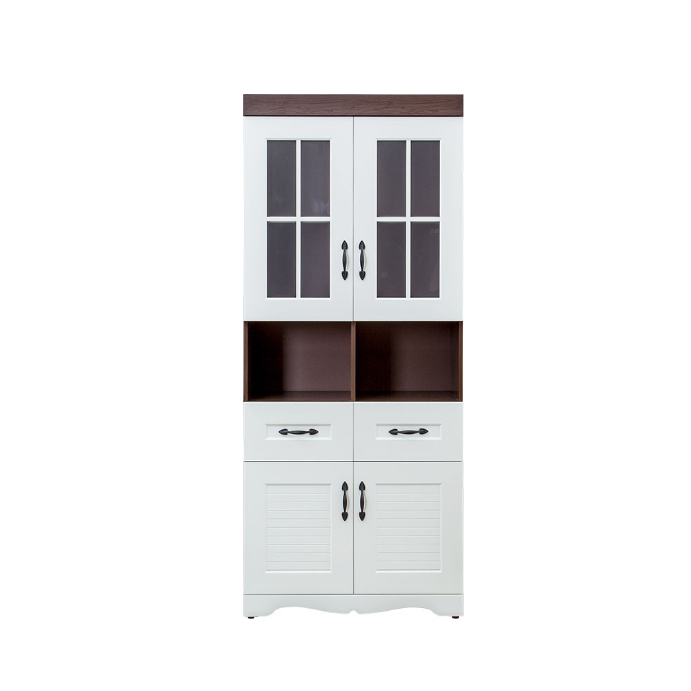 南亞塑鋼-鄉村歐風2.7尺四開門二抽中開放格子窗線板造型書櫃/展示櫃/收納置物櫃