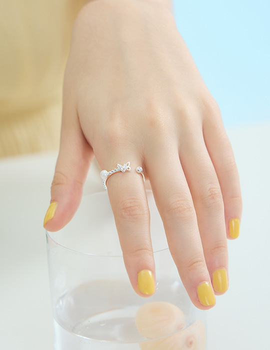 【925純銀】 蝴蝶亮鑽珍珠可調式戒指