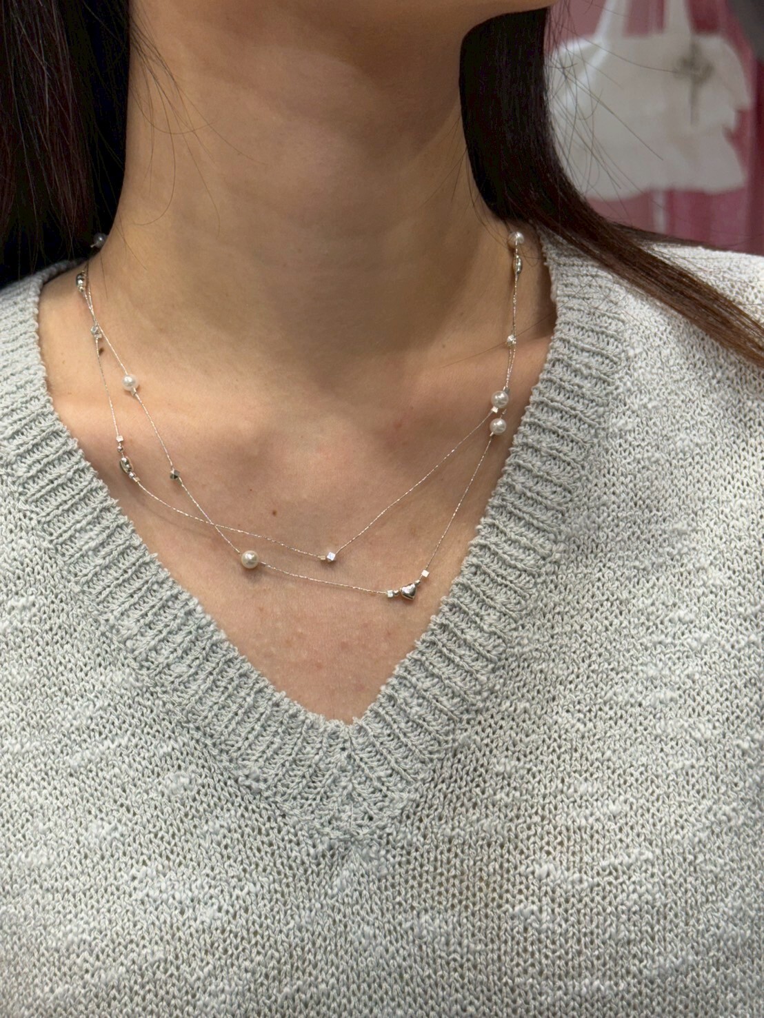 HM4346 925 銀小愛心➕珍珠雙層銀線項鍊